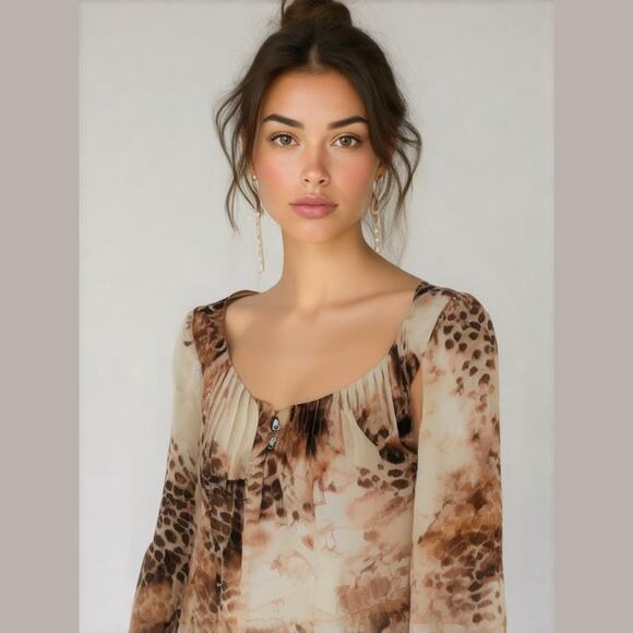 CHICO'S Brown Beige Animal Print Semi-Sheer Long Sleeve Flowy Blouse Top L 16/18 - Picture 1 of 12
